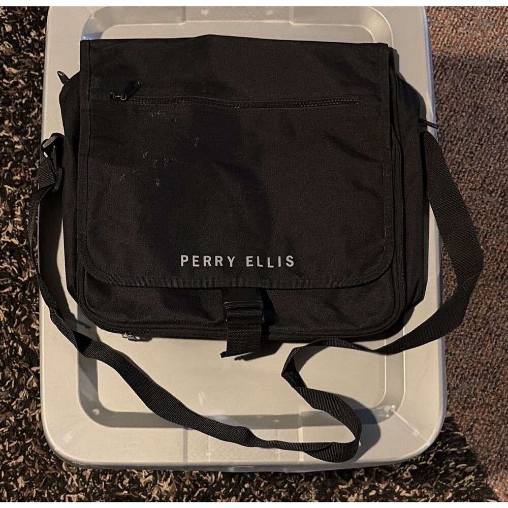 Perry Ellis Black Solid Shoulder/Messenger Laptop Bag w/ Adjustable Strap